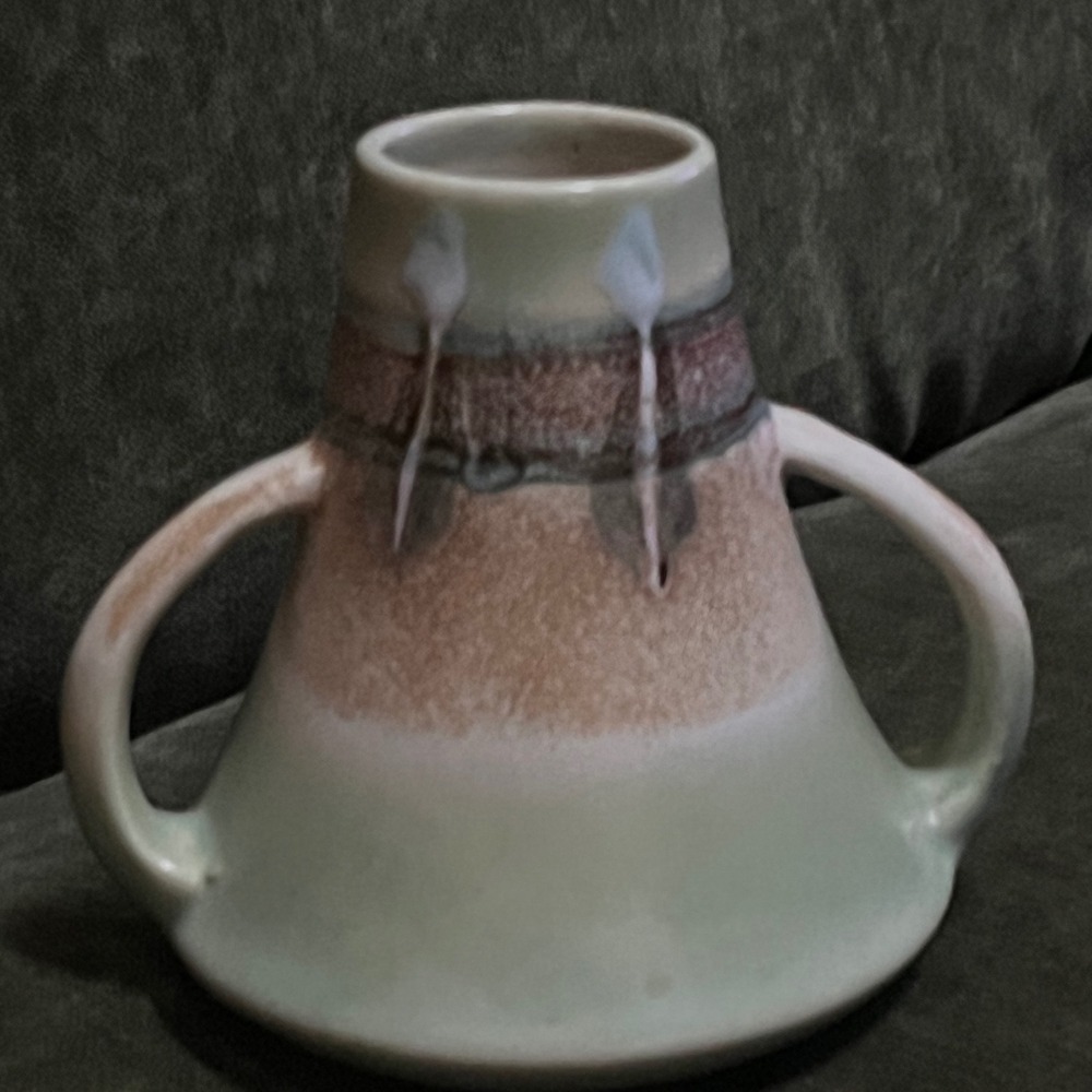 Vintage MCM Pottery Japan Dual Handle Drip Glaze Conical Vase 6in